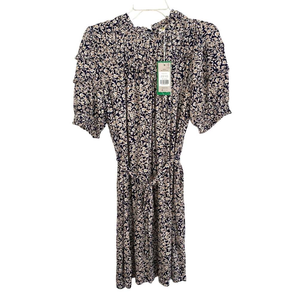 BODEN Yoke Ruched Detail Mini Jersey Dress Navy Floral Puff Sleeve Tie Waist NWT